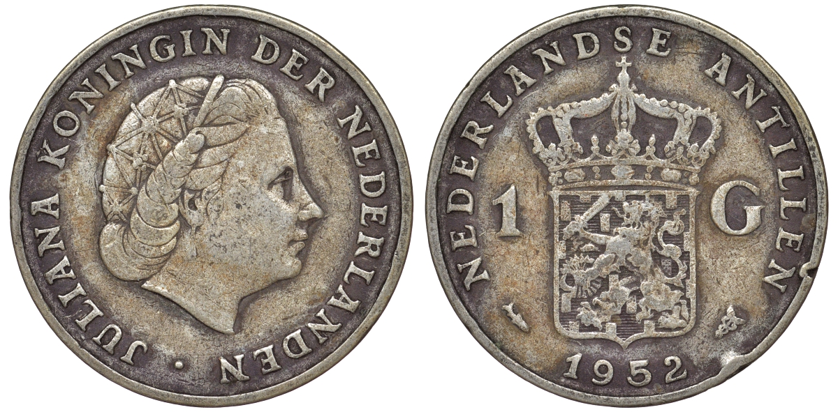 Нидерландские Антилы 1 гульден 1952 Юлиана (1948-1980) KM 2 серебро 36-951