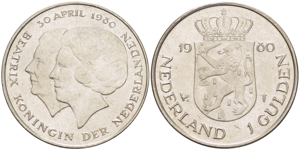 Нидерланды 1 гульден 1980 на коронацию Беатрикс, 30 апреля 1980 KM 200 никель 31-835