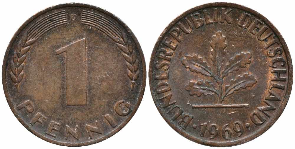 ФРГ 1 ПФЕННИГ 1969 D KM 105, J. 380 сталь плакированная медью 112-135