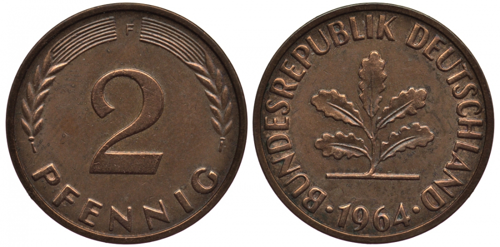 ФРГ 2 ПФЕННИГА 1964 F KM 106, Jager 381 бронза 4546-927