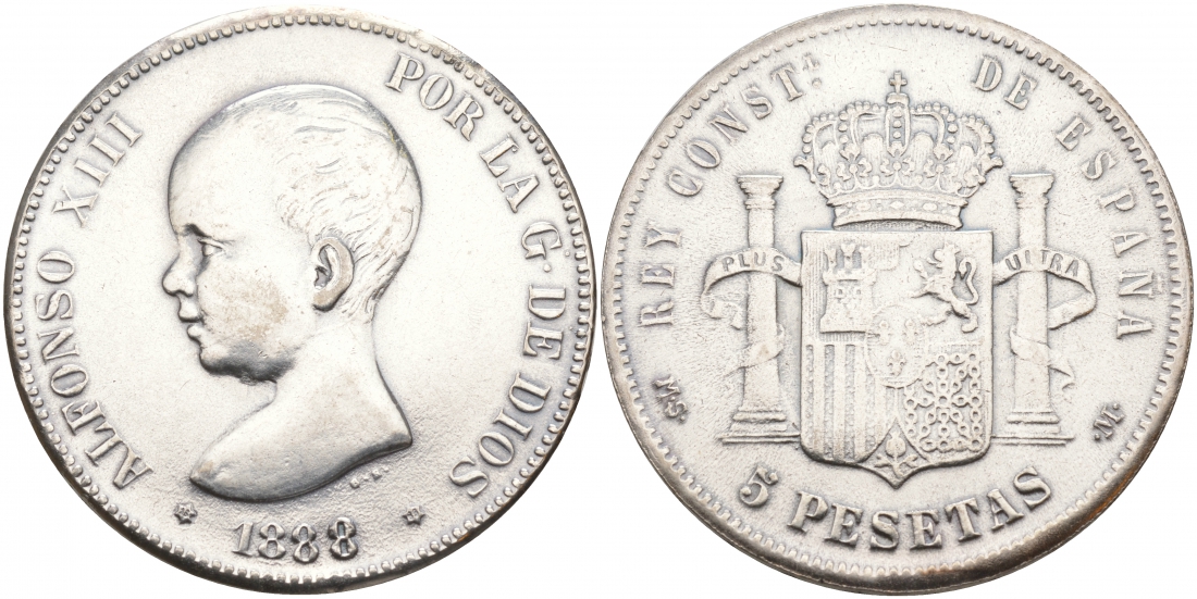Испания 5 песет 1888 Альфонсо VIII, современная копия белый металл 4184-923