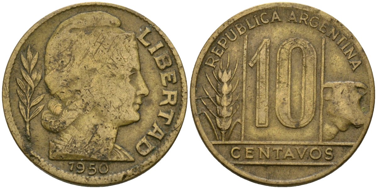 Аргентина 10 сентаво 1950 голова Свободы вправо KM 41 алюминиевая бронза 4174-242
