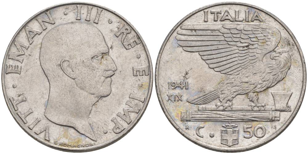 ИТАЛИЯ 50 ЧЕНТЕЗИМО 1941 R, ГОД XIX, ВИКТОР ЭММАНУИЛ III (1900-1946) KM 76b, VEM3. 1063 нержавеющая сталь 3853-357