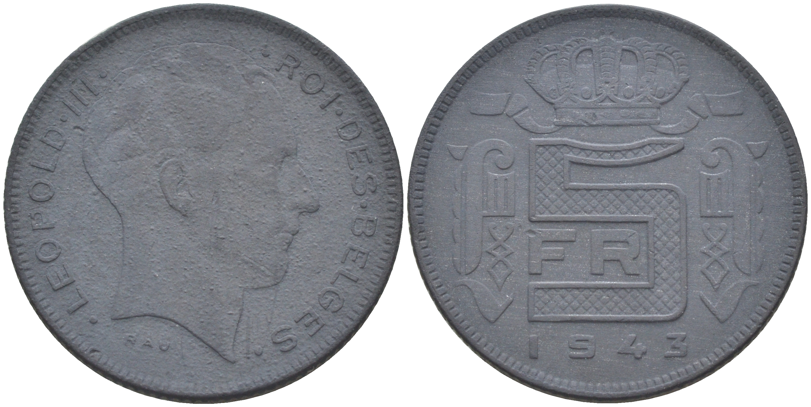 БЕЛЬГИЯ 5 ФРАНКОВ 1943 BELGES, ГЕРМАНСКАЯ ОККУПАЦИЯ, ВТОРАЯ МИРОВАЯ ВОЙНА KM 129.1 цинк 190-114