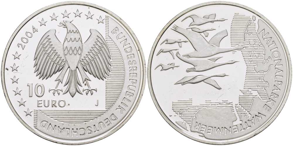 ФРГ 10 евро 2004 J, Национальный парк, Ваттовое море (Wattenmeer) KM 232, DE.S 10.15 серебро PROOF 1076-6-22
