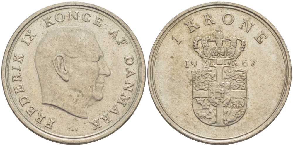ДАНИЯ 1 КРОНА 1967 C; S, ФРЕДЕРИК IX (1947-1972) KM 851.1 медно-никель 95-547