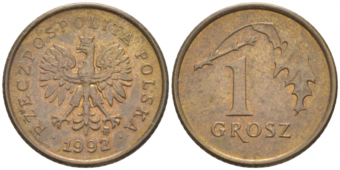 ПОЛЬША 1 ГРОШ 1992 MW KM 276 латунь XF 39-1145