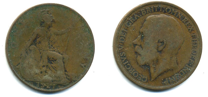 Великобритания 1 пенни 1921 Георг V (1910-1936) KM 810, Spink 4051 бронза 41-534