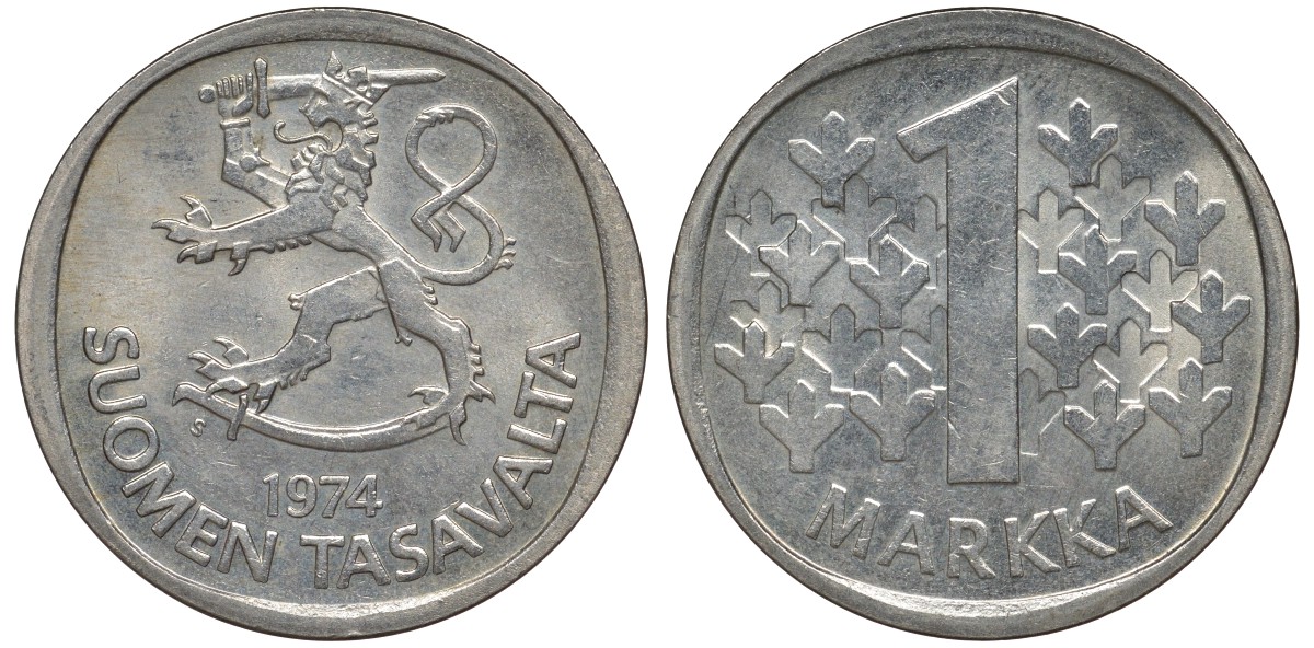 Финляндия 1 марка 1974 S KM 49а медно-никель 4128-731