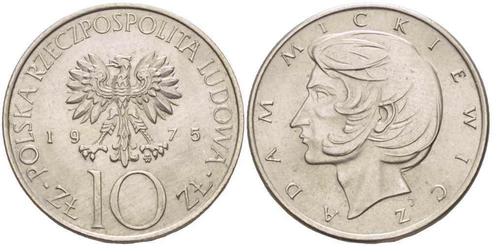 Польша 10 злотых 1975 MW, Адам Мицкевич (1798-1855) KM 74, Parchimowicz 242a медно-никель UNC 60-1352