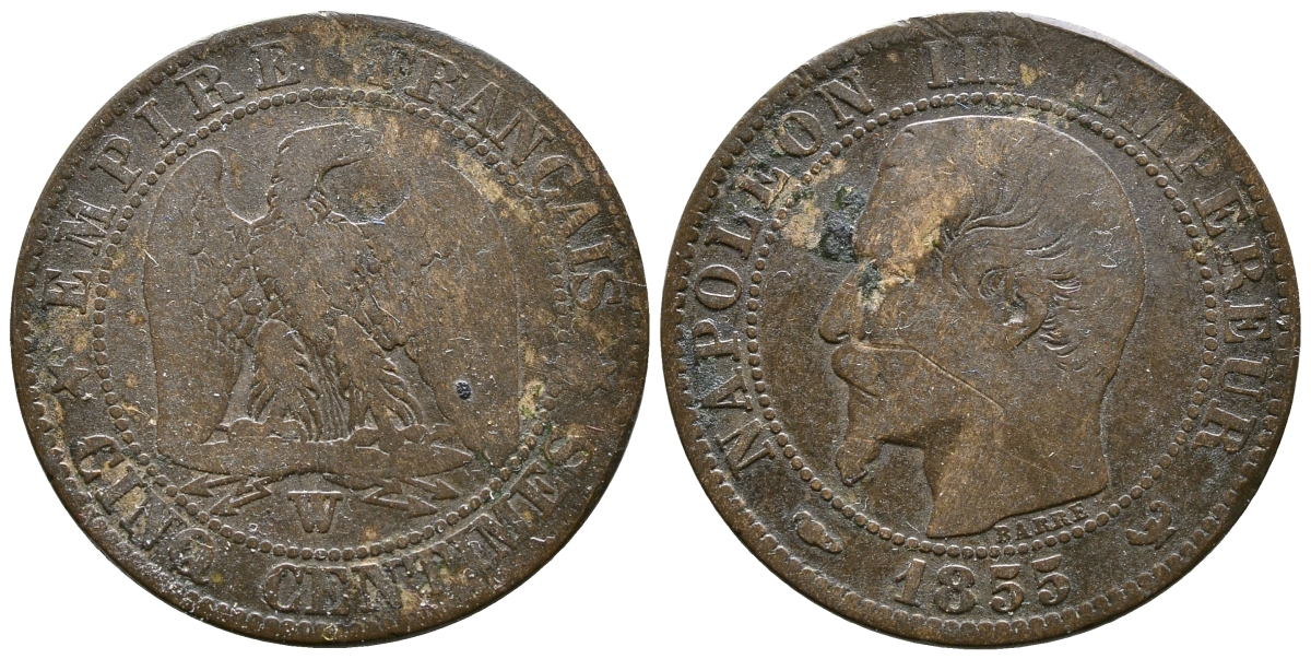 ФРАНЦИЯ 5 САНТИМОВ 1855 W, НАПОЛЕОН III (1852-1870) KM 777.7, LE FRANC 116.28 бронза 3999-152