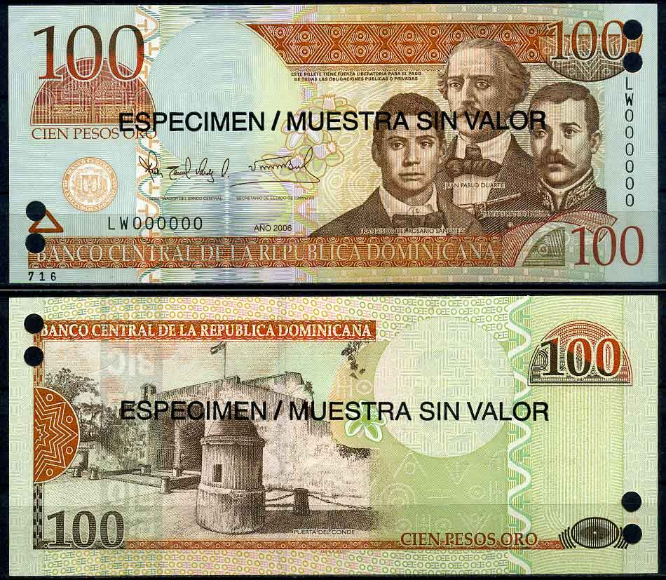 Доминиканская Республика 100 песо 2006 Пуэрта-дель-Конде в Санто-Доминго, три портрета Санчес, Дуарте Мелла. Отцы основатели, образец, SPECIMEN Pick 177s бумага UNC (пресс) 2197-36-3-2