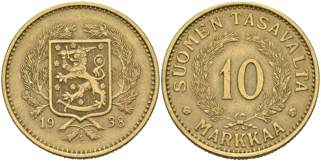 Финляндия 10 марок 1938 S KM 63 алюминиевая бронза 4111-522