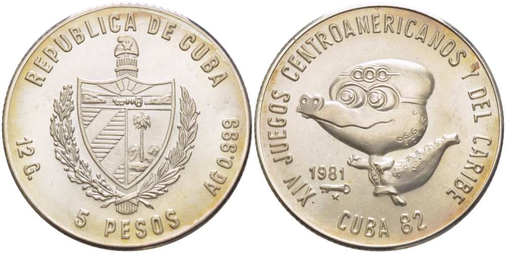 Куба 5 песо 1981 XIV Центрально-Американские и Карибские игры на Кубе 1982 года, талисман, крокодил, тираж 5000 экземпляров KM 79 серебро UNC 02-251-12