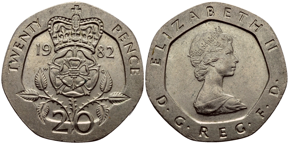 Великобритания 20 пенсов 1982 Елизавета II (1952-2022) KM 931, Spink 4230 (G1) медно-никель 51-2543