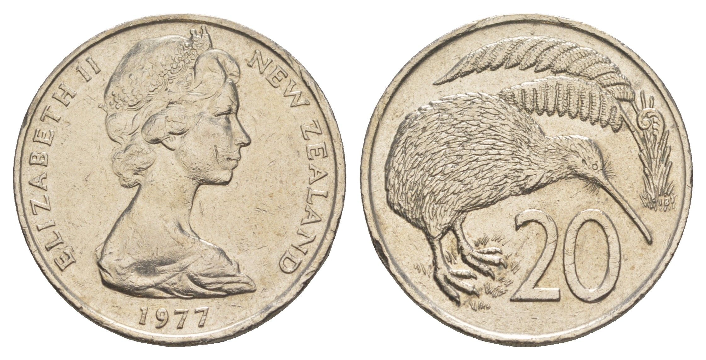 Новая Зеландия 20 центов 1977 Елизавета II (1952-2022), птичка киви KM 36 медно-никель 93-935