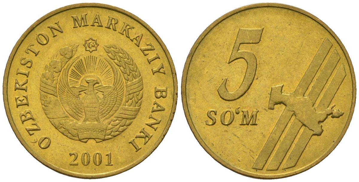 Узбекистан 5 сум 2001 KM 13 сталь плакированная латунью UNC 4597-412