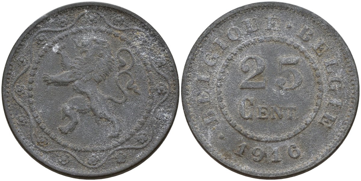 Бельгия 25 сантимов 1916 германская оккупация Первая мировая война, Альберт I (1910-1934) KM 82 цинк 4157-431