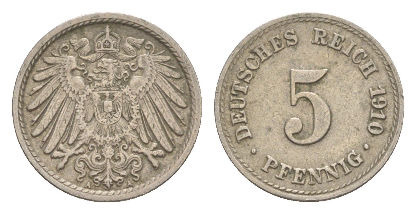 Германия 5 пфеннигов 1910 A, Вильгельм II (1888-1918) KM 11, J. 12 медно-никель 4640-131