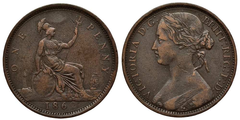Великобритания 1 пенни 1862 Виктория (1837-1901) KM 749.2, Spink 3954 бронза  1518-1541