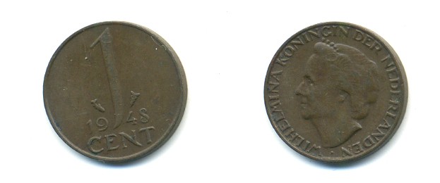 Нидерланды 1 цент 1948 Вильгельмина (1890-1948), год тип KM 175 бронза 80-948