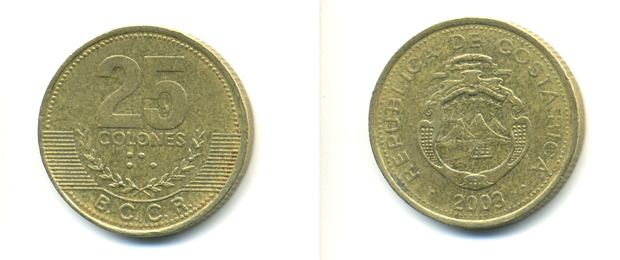 КОСТА-РИКА 25 КОЛОН 2003 В.С.С.R. KM 229а латунь 176-1112