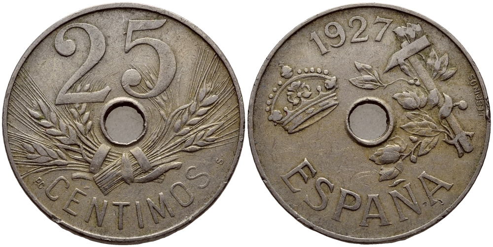 Испания 25 сентимо 1927 PC-S, Альфонсо XIII  KM 742 медно-никель    4610-815