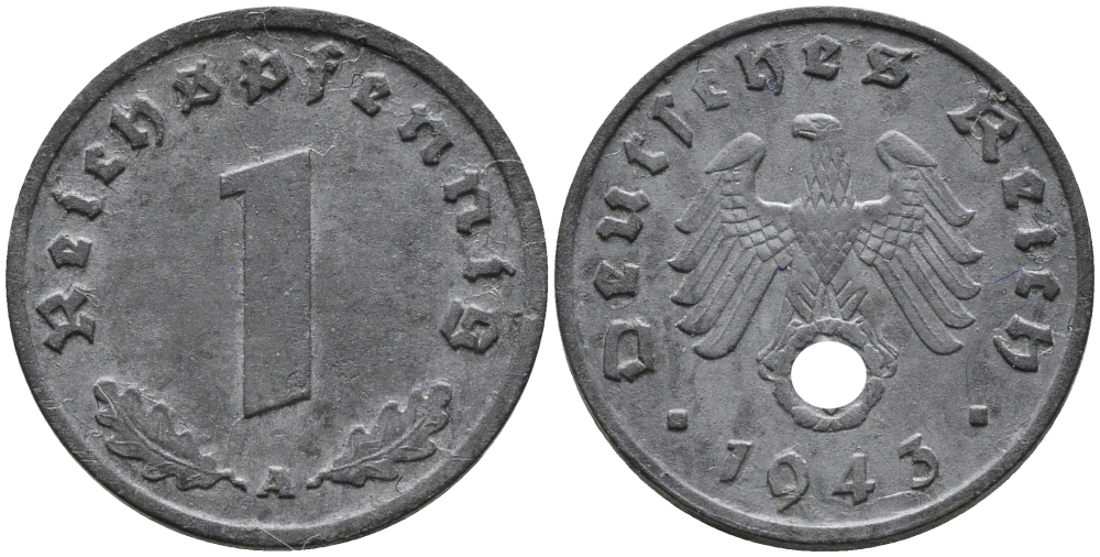 ГЕРМАНИЯ 1 РЕЙХСПФЕННИГ 1943 A KM 97, J.369 цинк 96-758