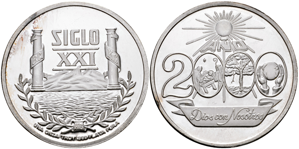 МЕКСИКА 1 УНЦИЯ ND 2000 ГОД, МИЛЛЕНИУМ, НАЧАЛО XXI ВЕКА, ВРАТА В НОВОЕ ТЫСЕЧЕЛЕТИЕ, С ВЕНКОМ, ДИАМЕТР 39 ММ., ВЕС 1 ТРОЙСКАЯ УНЦИЯ серебро PROOF 00-00
