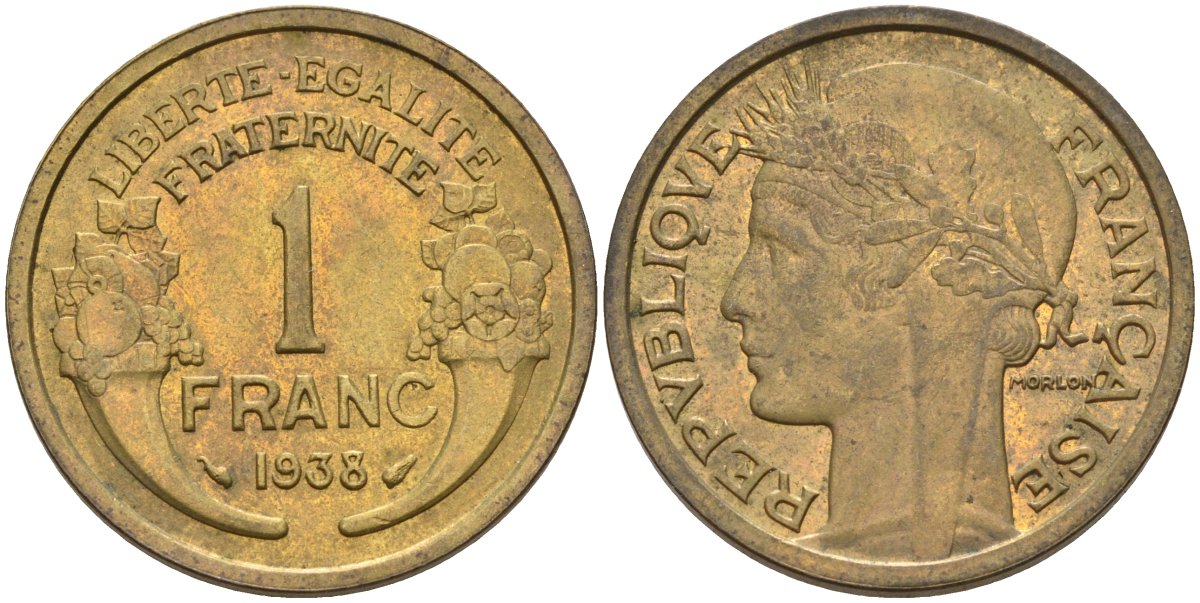 Франция 1 франк 1938 KM 885, Le Franc 219.2 алюминиевая бронза 4142-853
