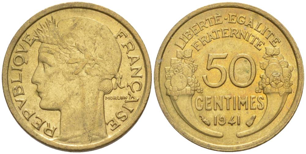 ФРАНЦИЯ 50 САНТИМОВ 1941 ТИП MORLON KM 894.1, LE FRANC 192.18 алюминиевая бронза 44-429