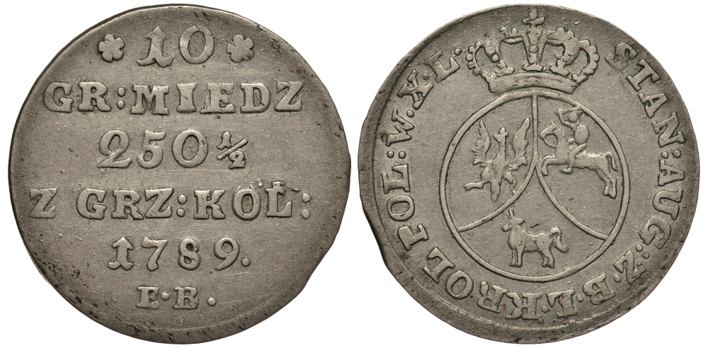 Польша 10 грошей 1789 EB, Станислав Август Понятовский (1764-1795), вес 2,37 г, Варшавский монетный двор KM 206 (С48), Kopinski 394.3 серебро 00-000-00