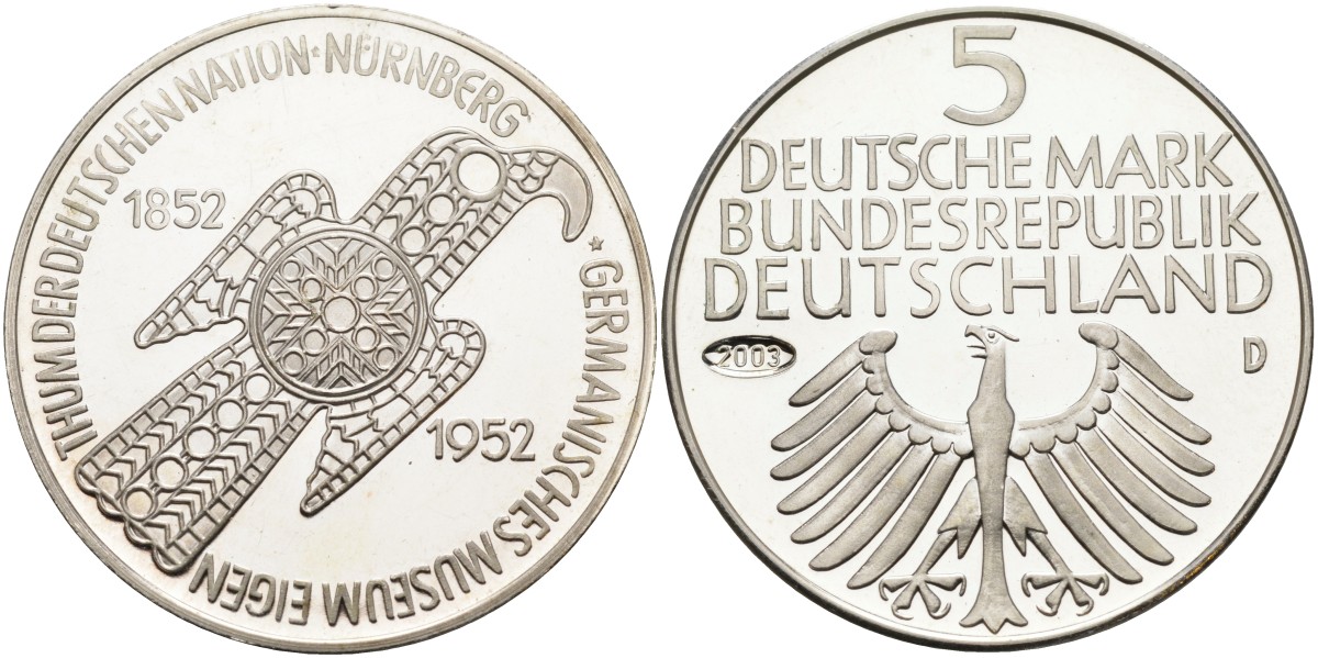 Германия медаль 2003 5 марок 1952 года, 100 лет Германскому музею в Нюрнберге серебро PROOF 00-00