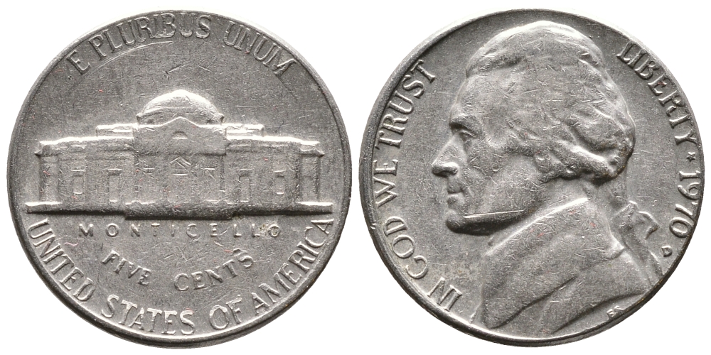США 5 ЦЕНТОВ 1970 D, ДЖЕФФЕРСОН KM А192 медно-никель 4364-622