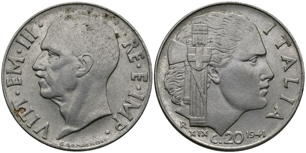 ИТАЛИЯ 20 ЧЕНТЕЗИМО 1941 R, ВИКТОР ИМАНУИЛ, XIX ГОД KM 75b нержавеющая сталь 98-133