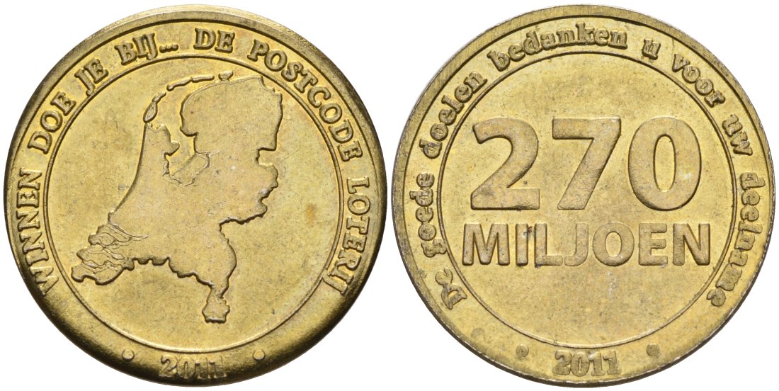 Нидерланды рекламный жетон - лотерея Nationale Postcode с выигрышем в 270 миллионов евро 2011 диаметр 25 мм, вес 5 гр  латунь     4573-617