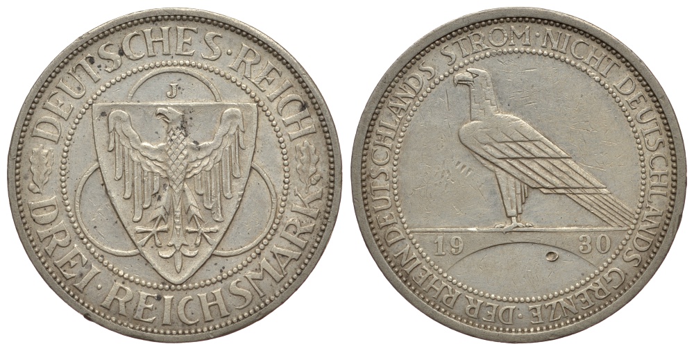 Германия 3 марки 1930 J, освобождение Рейнлянда J. 345, KM 70 серебро 413-532