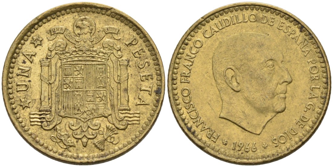 Испания 1 песета 1966 (72) Франсиско Франко (1939-1975) KM 796 алюминиевая бронза 4571-1137
