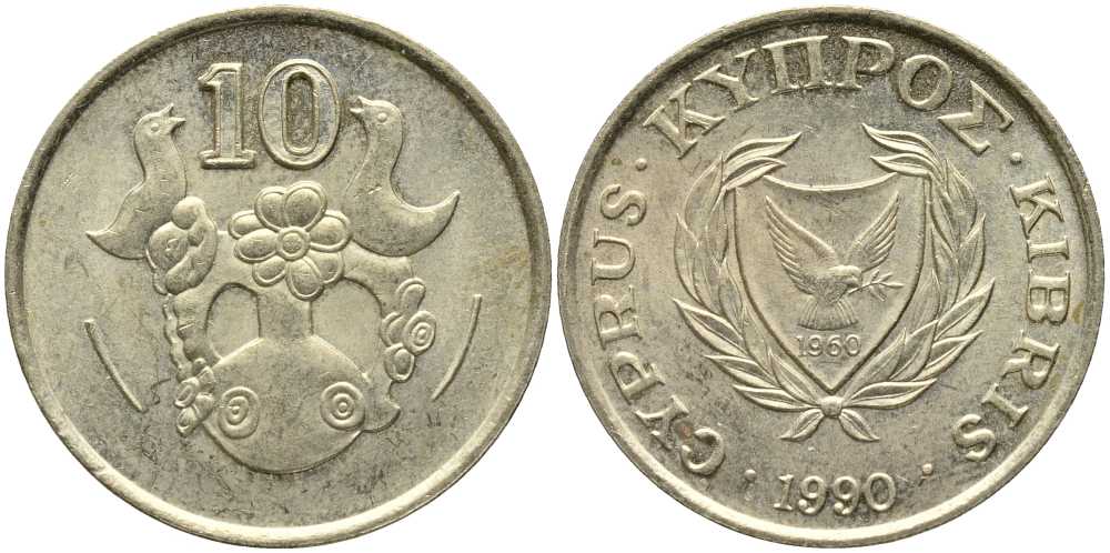 КИПР 10 ЦЕНТОВ 1990 ПТИЧКИ НА ВАЗЕ KM 56.2 никель латунь 113-744