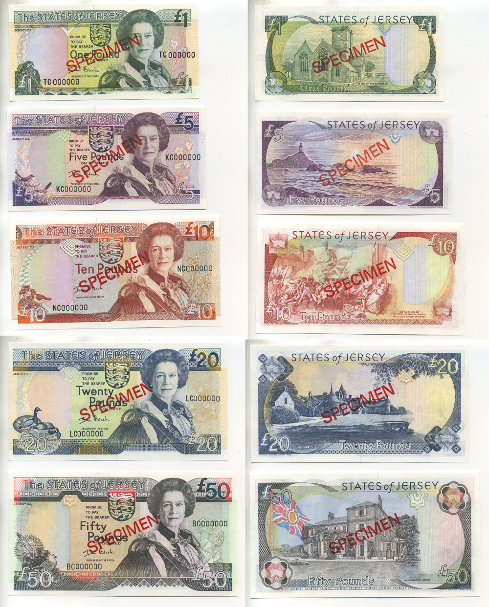 Джерси набор из 5 банкнот 2000 1, 5, 10, 20, 50 фунтов, Елизавета II (1952-2022), образец, SPECIMEN Pick 26s, 27s, 28s, 29s, 30s бумага UNC (пресс) 451-250-2