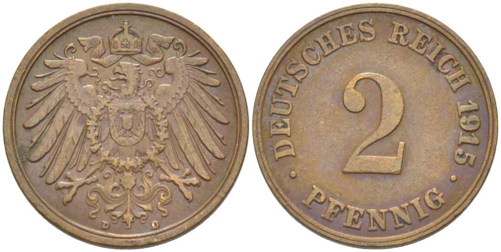 ГЕРМАНИЯ 2 ПФЕННИГА 1915 D KM 16, J. 11, Weege 4 медь 206-651