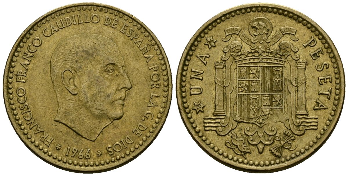 Испания 1 песета 1966 (74) Франсиско Франко (1939-1975) KM 796 алюминиевая бронза 4138-1025