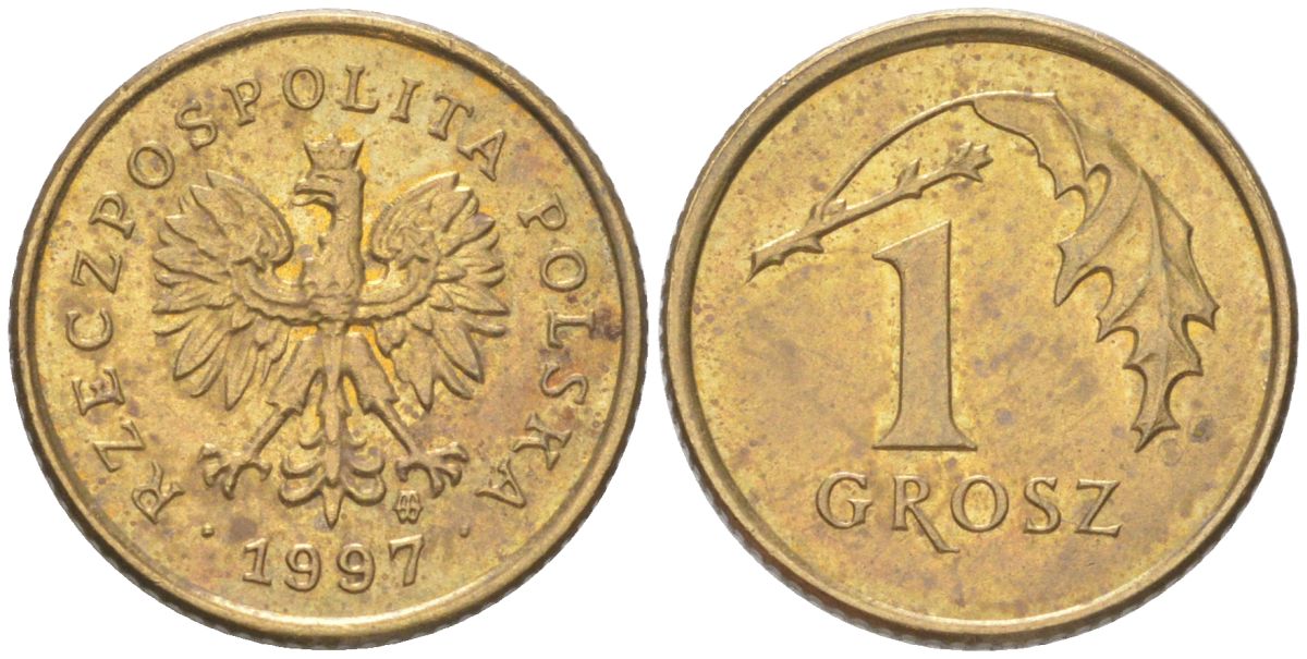 Польша 1 грош 1997 Y 276 марганец латунь UNC 4614-253