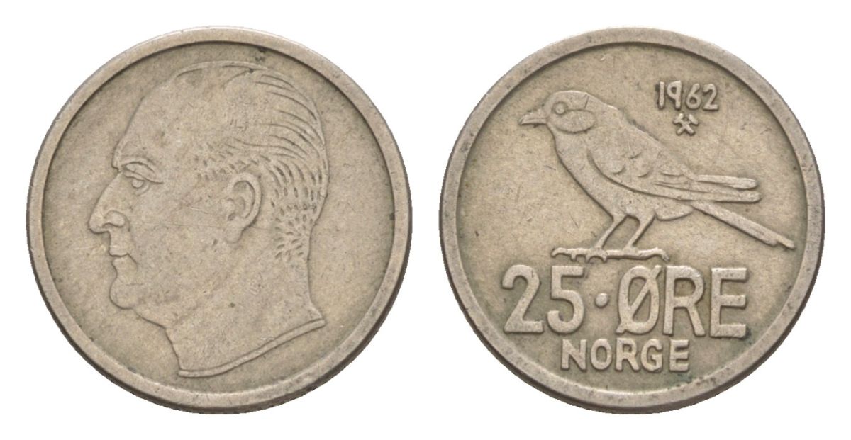 Норвегия 25 эре 1962 Улаф V (1957-1991) KM 407 медно-никель 4632-1237