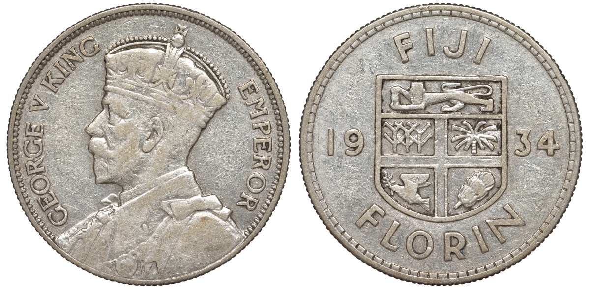 Фиджи 1 флорин 1934 Георг V (1910-1936), герб Фиджи KM 5 серебро 91-1222