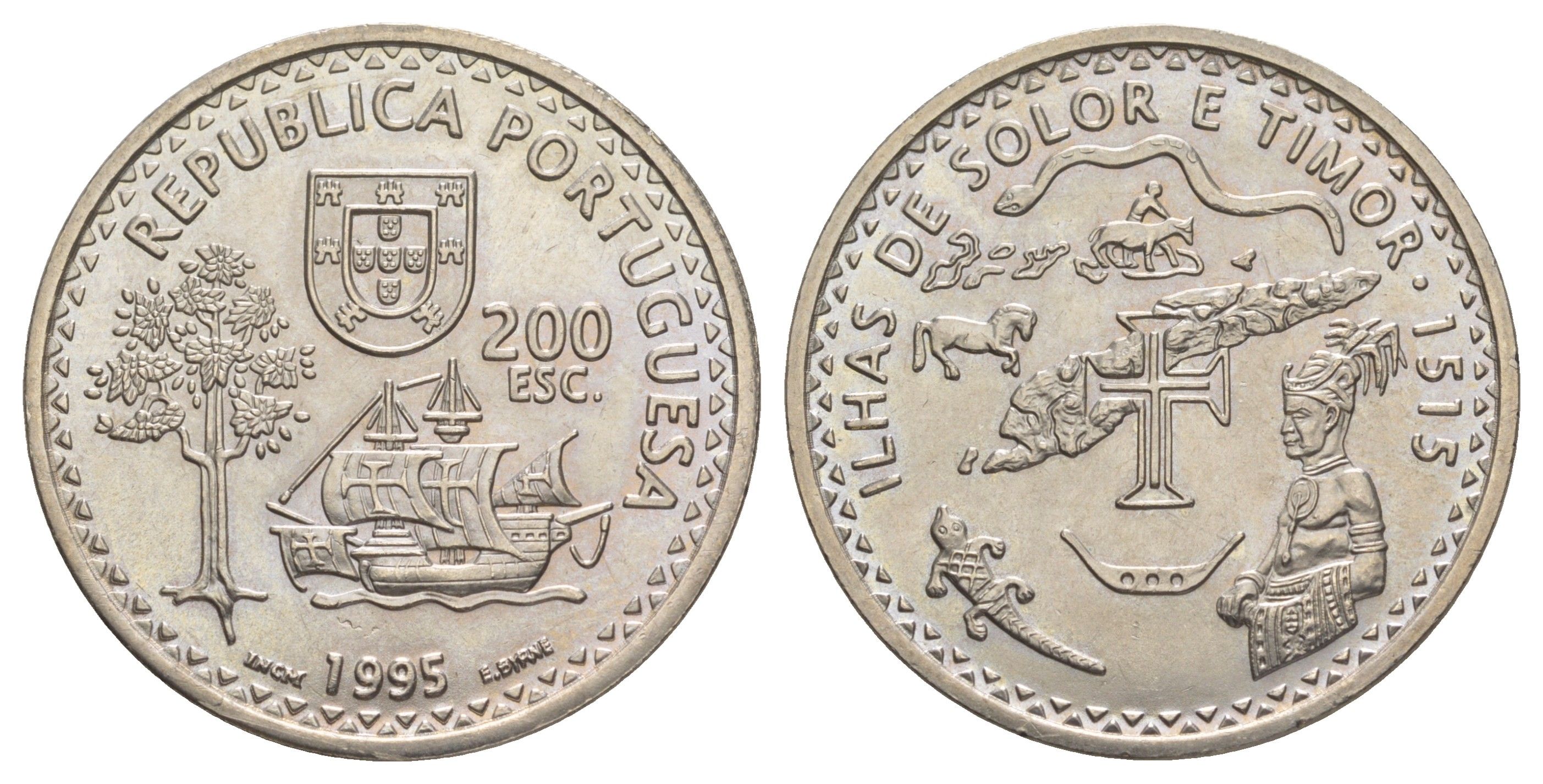 Португалия 200 эскудо 1995 480 лет островам Солор и Тимор KM 683 медно-никель UNC 1101-3-43