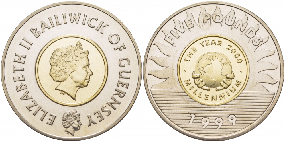 Гернси 5 фунтов 1999 миллениум KM 91 биметалл UNC 11-154-14