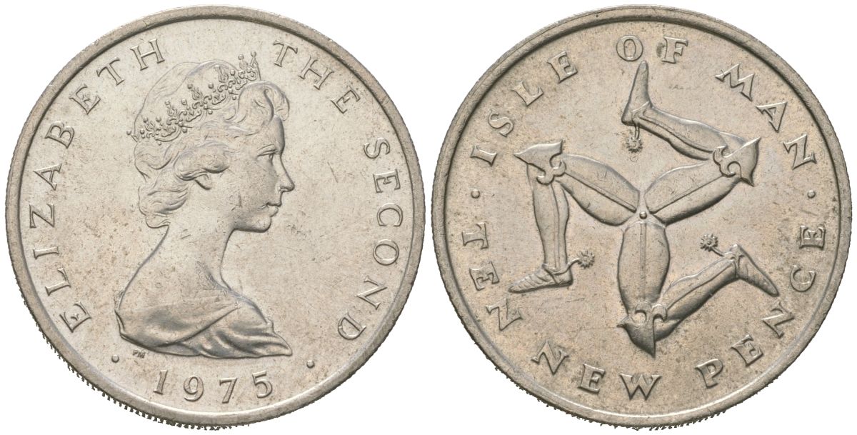 Остров Мэн 10 пенсов 1975 герб, Елизавета II (1952-2022) KM 23 медно-никель aUNC 4619-125