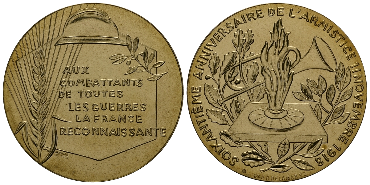 ФРАНЦИЯ МЕДАЛЬ 1978 60 ЛЕТ ОКОНЧАНИЯ I-ОЙ МИРОВОЙ ВОЙНЫ, 41 мм, 31,5 гр латунь UNC 05-095-33
