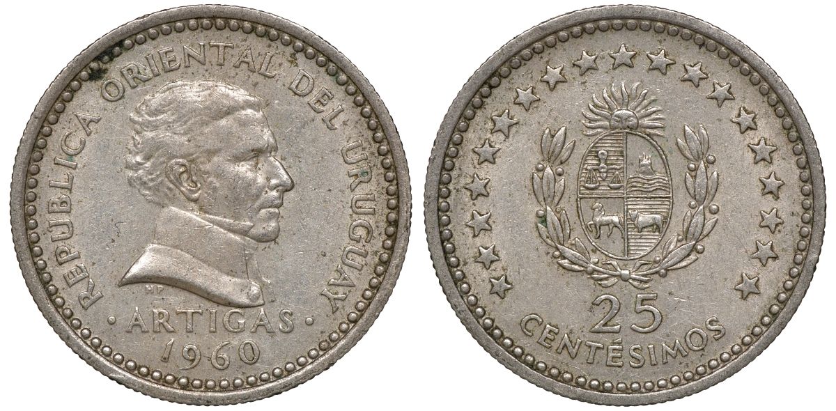 Уругвай 25 сентесимо 1960 KM 40 медно-никель 4169-829